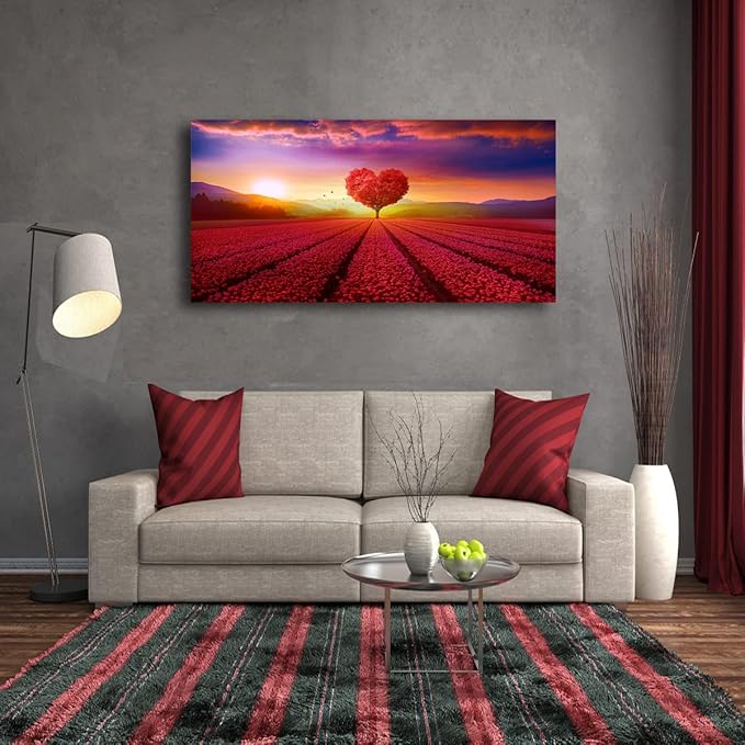 Tree of Life Wall Art Canvas Prints Natural Landscape Pictures Home Decor Red Heart Tree Paintings for Living Room Bathroom Bedroom Kitchen Decorations 20x40 Wooden Framed Artwork Easy Hanging