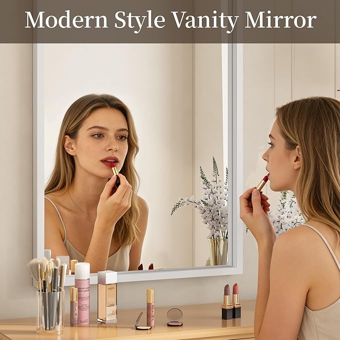 Syndra White Wood Frame Bathroom Mirror, Waterproof Slim Deep Frame,