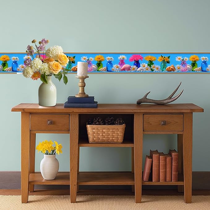 Wildflower Vase Wallpaper Border 196x4 Inch Removable Wall Border Peel and