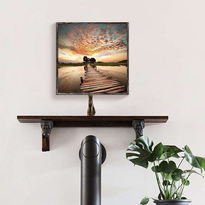 Hardy Gallery Sunset Landscape Painting: Boardwalk Stair to Heavy Sunset Lake Picture Print on Rustic Wood Wall Art Framed (12” x 12”)