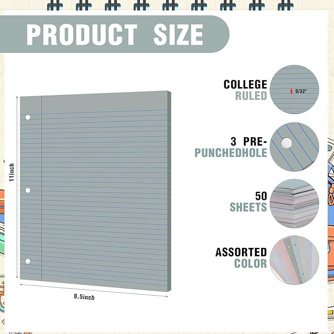 PerKoop 400 Sheets Colored Loose Leaf Paper 8.5" x 11" college ruled Lined 3 Hole Punched notebook Filler Paper for 3 Ring Binders Office School Supplies (Morandi Colors)