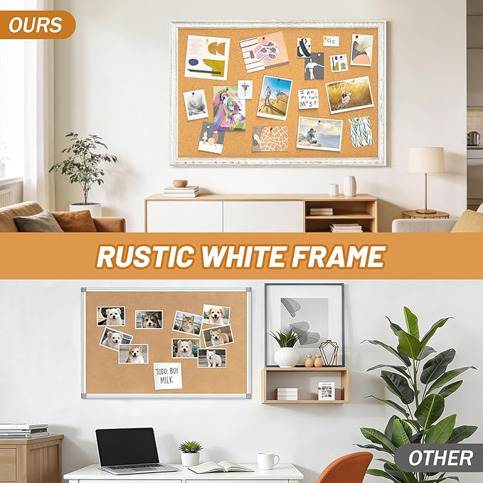 White Cork Board for Wall, 36 x 24 inches Decorative Bulletin Board, Rustic
