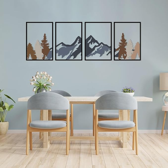 ESTART 4 Pcs Metal Mountain and Forest Wall Decorations Line Drawing Wall Art Minimalist Wall Decor Rustic Nature Home Wall Art Sculpture For Living Room Bedroom Office (Mountain Forest Large)