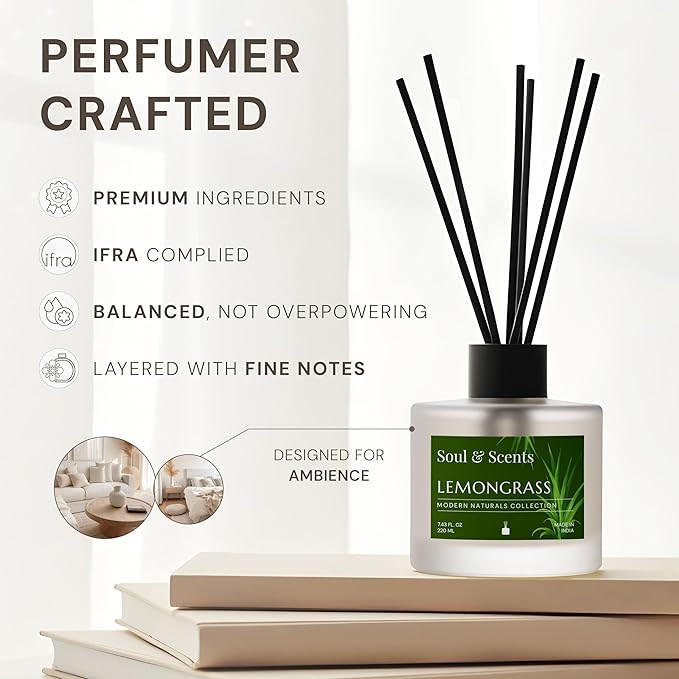Soul & Scents Reed Diffuser Set – Lemongrass | 7.43 oz Refillable Scented Oil with 6 Fiber Sticks | Long-Lasting Home Fragrance & Air Freshener for Bedroom, Bathroom, Office | Gift & Décor Piece