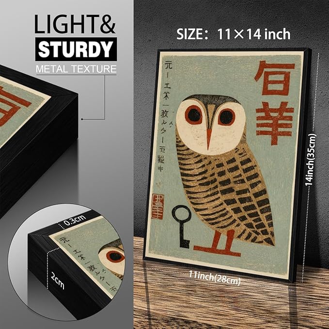 Vintage Japanese Black Framed Wall Art Owl Poster Mid Century Animal Print