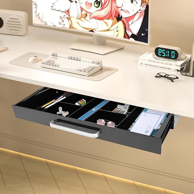 21.5" Under Desk Drawer Slide Out For Office Desk with 2 Dividers, Storage Organizer For Sit Stand Workstation, Black