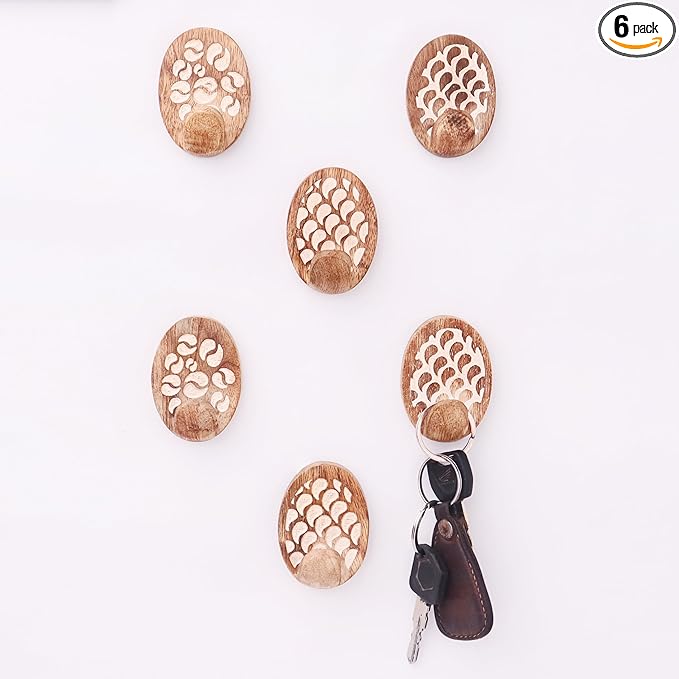 Indian Shelf 6 Lb- 6 Pieces Decorative Wood Adhesive Wall Hooks–Boho Peel and
