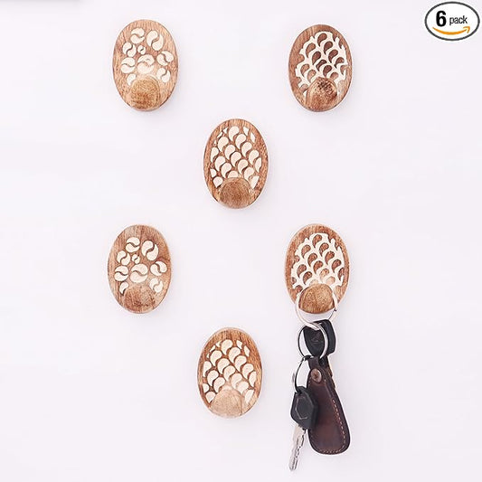 Indian Shelf 6 Lb- 6 Pieces Decorative Wood Adhesive Wall Hooks–Boho Peel and