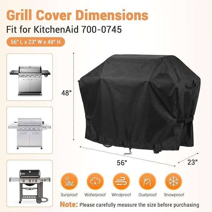 BBQ Grill Cover for Kitchenaid 4-Burner Gas Grill Models 720-0745, Waterproof 600D Outdoor Propane Barbecue Covers Smoker Covers- 56" L x 23" W x 48" H