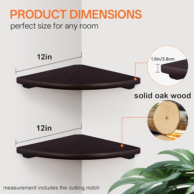 Gieanoo Floating Corner Shelves Set 2 16inch Walnut Solid Oak Rounded Corner