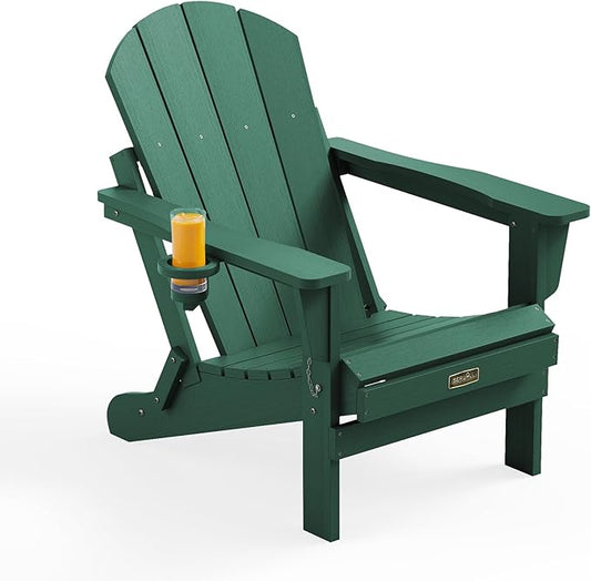 SERWALL Folding Adirondack Chair Outdoor Adirondack Chairs with Cup Holder Weather Resistant Patio Chair Weather Resistant for Patio Deck Garden, Backyard Deck, Fire Pit - Green