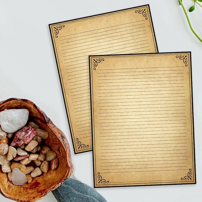 Vintage Lined Paper with Antique Border Design, 50 Sheets, Stationary Paper for Writing Letters, 100gsm, 11 x 8.5'', Aged Stationery for Writing Letters, Invitations, Stationery Writing Papers
