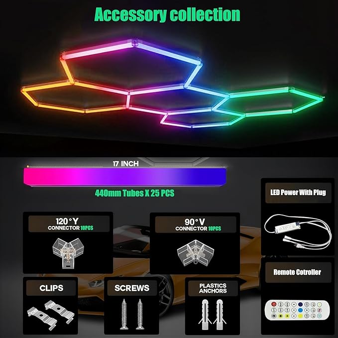 25Pack RGB 5 Hexagon LED Garage/Wall Lights, RGB 358 Kinds of Changes Dimmable