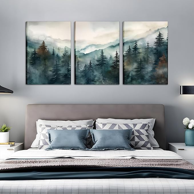 AKWISH Framed Green Forest Canvas Wall Art Set of 3, Boho Misty Watercolor Pine