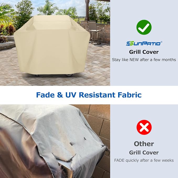 SunPatio BBQ Grill Cover 70 Inch, Outdoor Waterproof Large Barbecue Cover, All Weather Resistant Charcoal Gas Grill Protector, Compatible for Weber Char-Broil Nexgrill Napoleon and More, Beige