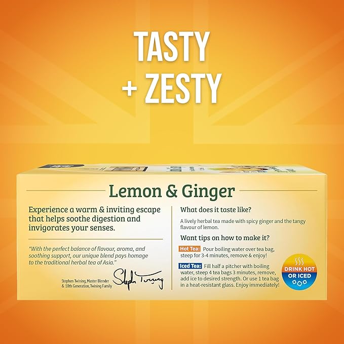 Twinings Lemon & Ginger Herbal Tea Individually Wrapped Bags, 100 Count (Pack of 1), Tangy Lemon, Spicy Ginger, Naturally Caffeine-Free, Enjoy Hot or Iced, 100 Teabags