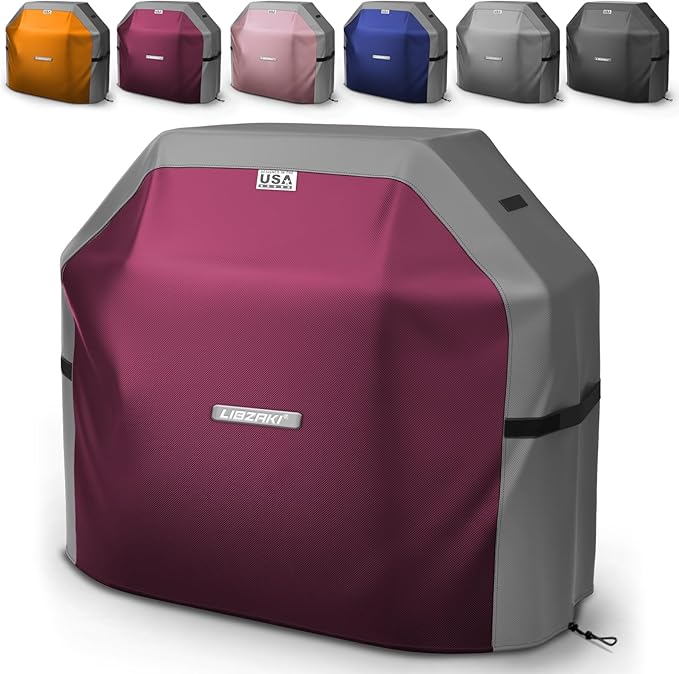 LIBZAKI Grill Cover 420D Waterproof, Weather Resistant, Rip-Proof, Anti-UV, Fade Resistant,Gas Grill Cover for Weber,Char Broil,Nexgrill Grills, etc.48 inches-Fuchsia/Gray