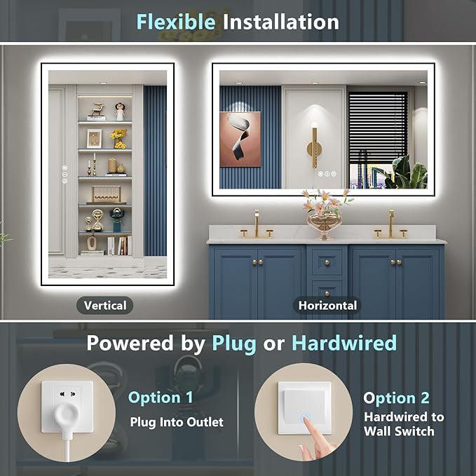 50x40 Black Framed LED Bathroom Mirror