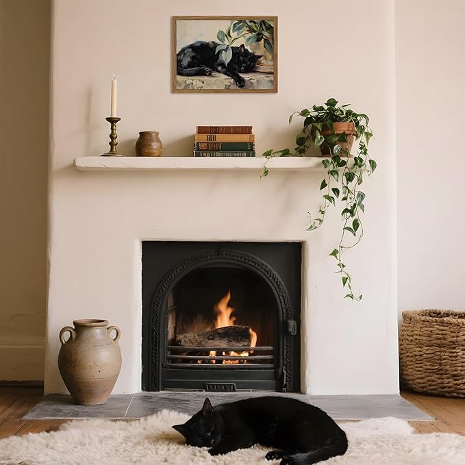 Framed Black Cat Canvas Wall Art, Vintage Sleeping Cat