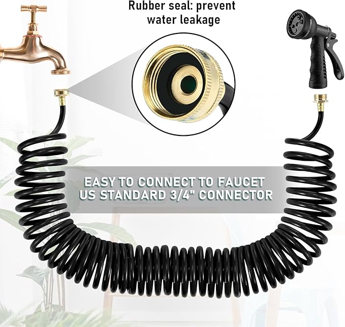 Pangda 75 Ft x 3/8'' Coil Garden Hose EVA Recoil Garden Self Coiling Expanding Water Hose with 6 Function Spray Nozzle Universal 3/4'' Brass Connector Fitting for Outdoor Yard(Black)
