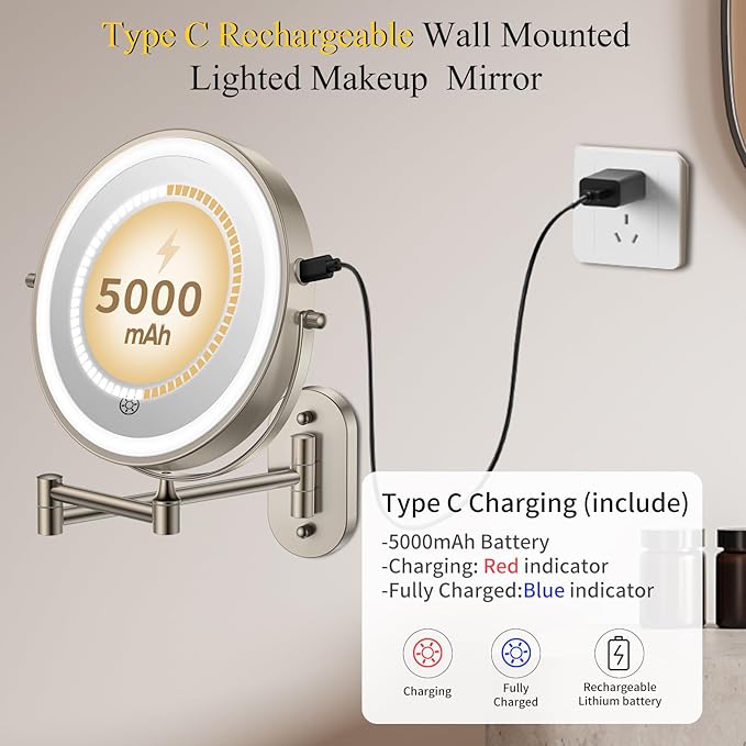 FUNTOUCH 3X/20X Wall Mounted Lighted Makeup Mirror, 5000mAh Rechargeable Double