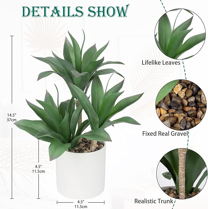 Hollyone Large Artificial Agave Plants Fake Three-Head Agave Succulent Plant Potted 15" Faux Plant in White Pot Succulents Aloe Plant Indoor for Desk Modern Home Decor
