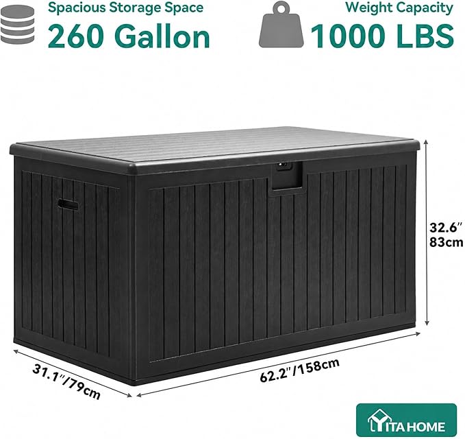 YITAHOME 260 Gallon Large Deck Box with Divider & Side Handles, Outdoor Double-Wall Storage for Patio Furniture Cushions, Garden Pool Accessories, Water Resistant & Lockable, Black