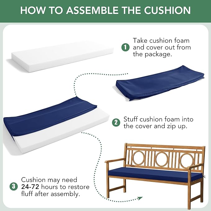 Summsun Outdoor Bench Cushion: Waterproof and Fade Resistant Patio Furniture Cushions - Non-Slip Bench Pad Cushion with Removable Cover for Garden Swing Porch Sofa Settee, 59 x 18 Inch, Navy Blue