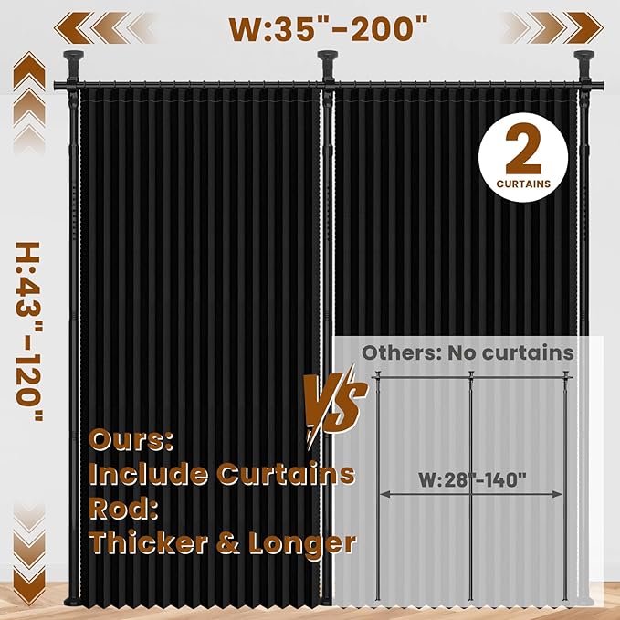 100% Blackout Room Divider Curtains Sets Black 2 Panels W100 x L84in No Drill