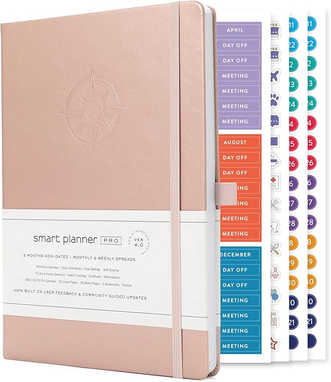 Smart Planner Pro – Undated Daily Planner – Medium B5 – Achieve Goals & Increase Productivity with Weekly, Monthly, Work Sections - Organizer Planner with Back Pocket, 3 Satin Bookmarks & Pen Holder