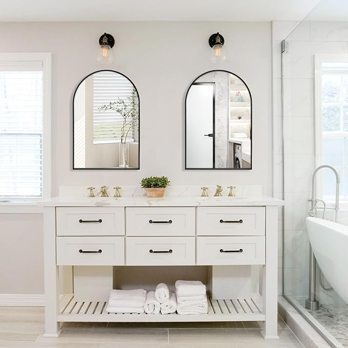 22" x 30" Black Arched Mirror, Arch Wall Mirror, Metal Frame Black Bathroom