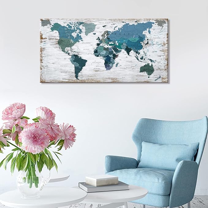 Teal Decor World Map Canvas Wall Art Pictures