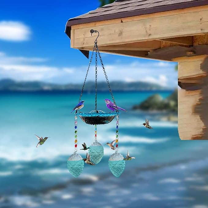 Hummingbird Feeder and Bird Bath for Outdoors 2-in-1 for Small Birds - Hummingbird Bath Fountain with 3 Blue Feeder Pots - Hanging Solar Bird Bath Fountains