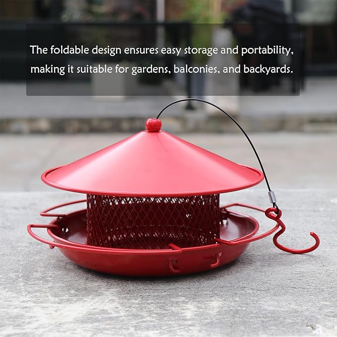 Fermus Foldable Bird Feeder, Portable and Collapsible Outdoor Metal Bird Feeder with Tray for Balcony and Backyard
