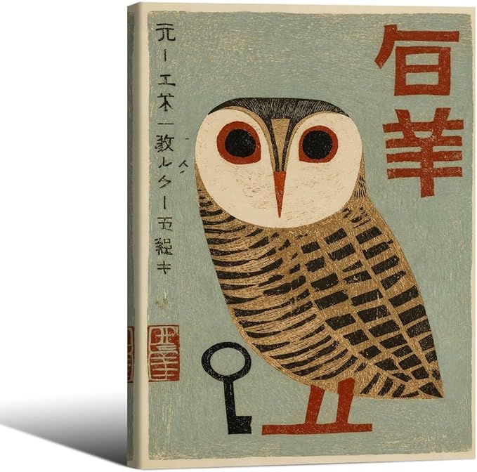Vintage Japanese Framed Wall Art Owl Poster Mid Century Animal Print 11x14in