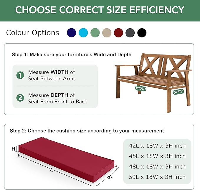 Summsun Outdoor Bench Cushion: Waterproof and Fade Resistant Patio Furniture Cushions - Non-Slip Bench Pad Cushion with Removable Cover for Garden Swing Porch Sofa Settee, 48 x 18 x 3 Inch, Burgundy