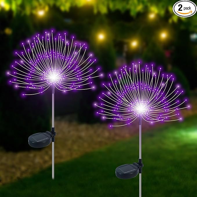 Slyuexu Solar Garden Lights Outdoor Waterproof, 2 Pack 120 LED Solar Firework Lights Decorative Garden DÃ©cor Outside for Flowerbed Pathway Party Christmas Decoration, Purple