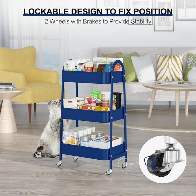 EAGMAK 3 Tier Utility Rolling Cart, Metal Storage Cart with Handle and Lockable Wheels, Multifunctional Storage Organizer Trolley with Mesh Baskets for Kitchen, Living Room, Office, Garage (Indigo)