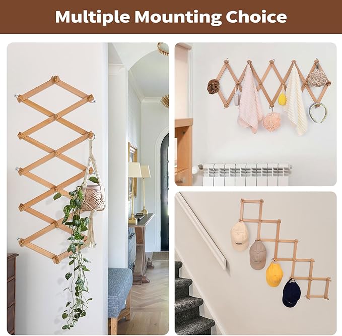 SCUNDA Wall Rack with 16 Hooks, Wooden Wall Expandable Coat Rack