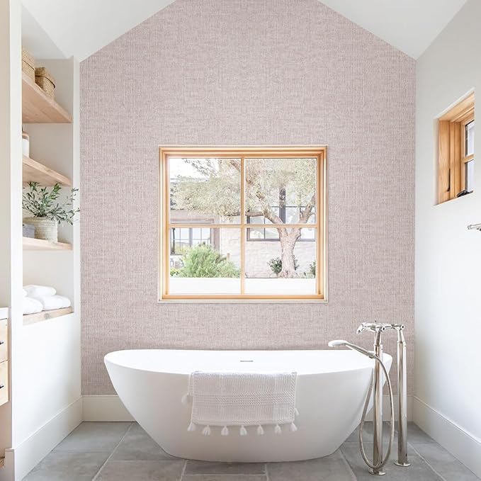 Beige Grasscloth Peel and Stick Wallpaper, Modern Textured Fabric Linen Vinyl