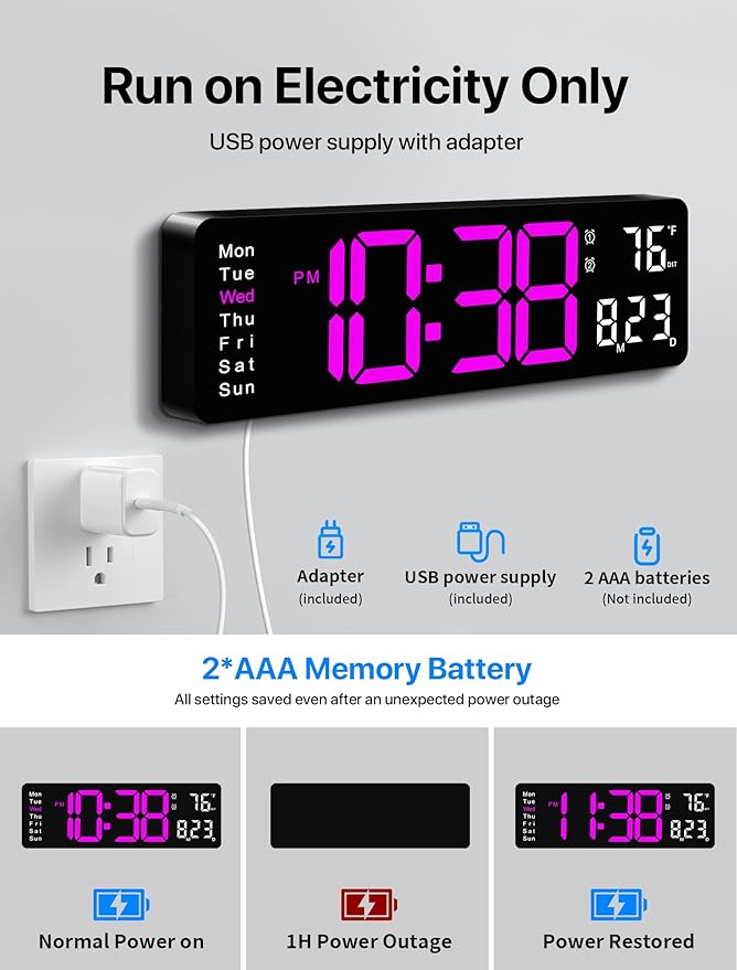 MASHI Digital Wall Clock, Auto-Dimming Wall Clock