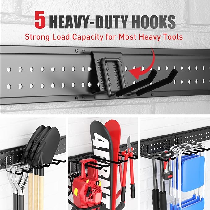 Garage Tool Organizer Wall Mount 49.5 inches with 10 Adjustable Heavy-Duty Hooks, Garage Organization, Garden Tool Storage Rack, Yard, and Shed, Holds Up to 400 lbs