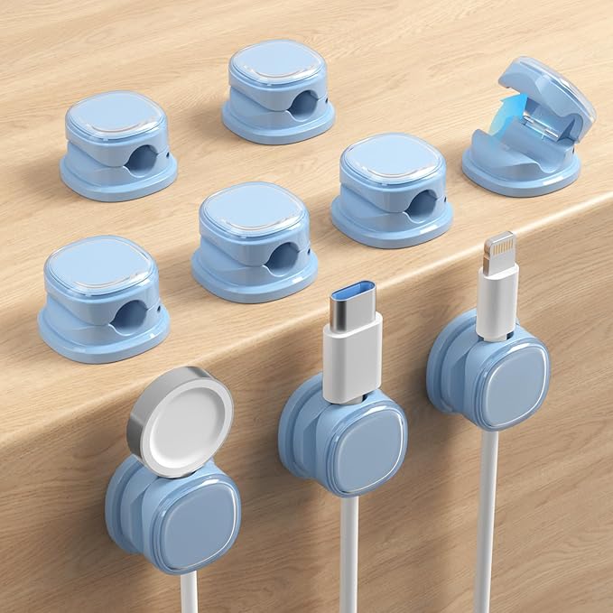 9 Pack Cord Organizer, Spring Cable Management, Adhesive Cute Cable Holder Clips, Phone Charger Wire Keeper for Desk Nightstand Car Office (9-Pack Blue)
