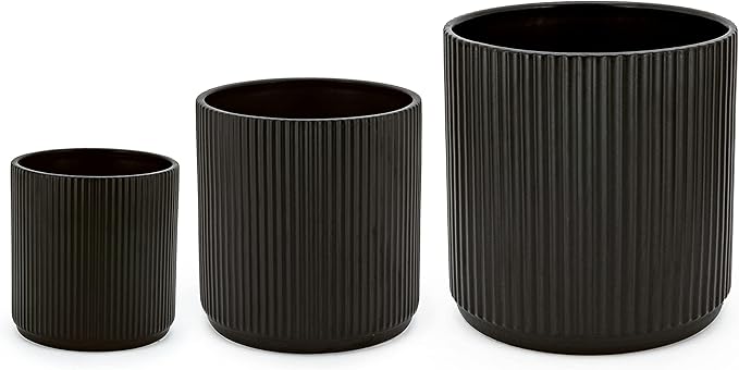 Amazon Basics Assorted Sizes Fluted Ceramic Round Planters, Set of 3, Black, 6-Inch, 8-Inch, 10-Inch
