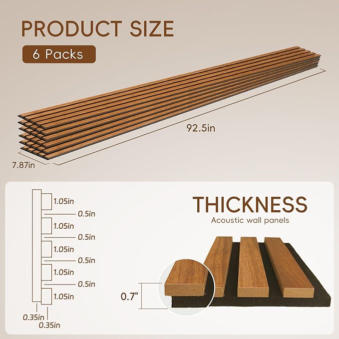 EVERECO 6 Pack Wood Slat Acoustic Wall Panels 92.5" × 7.87", 3D Sound Absorbing