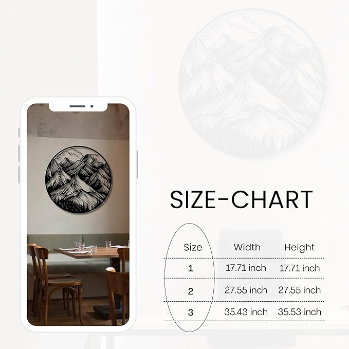 Metal Wall Decor | 17'' x 17'' x 0.05'' Mountains Themed Metal Wall Art | Handmade Indoor and Outdoor Wall Decorations