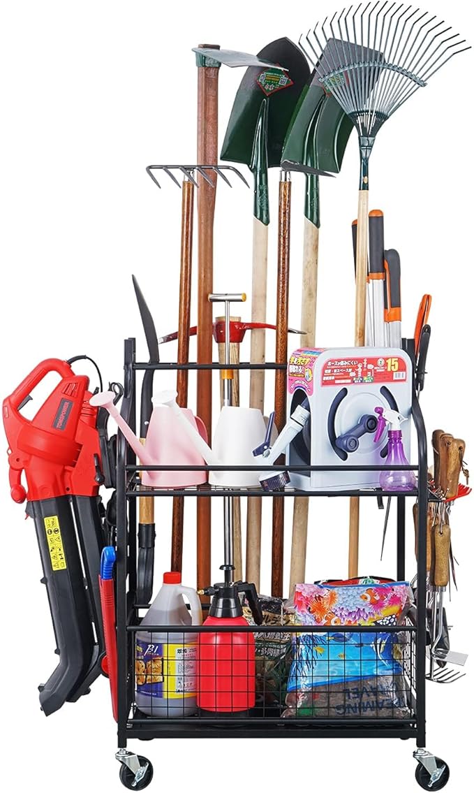 Mythinglogic 3 Golf Bags Storage Organizer-Extra Large Size Fits 3 Full Size Golf Bags,Garden Tool Organizer for Garage-Yard Tool Racks with Wheels