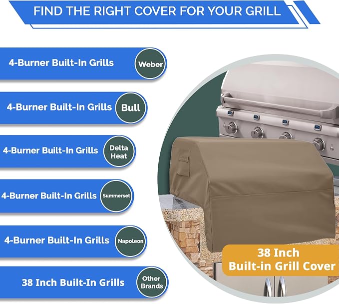 Covers & All Built-in Grill Cover for Outdoor Grill – Heavy Duty 12 oz Waterproof Built-in BBQ Grill Cover, PVC-Coated Polyester with Elastic Hem for Snug Fit (38 x 28 x 24 inches, Beige)