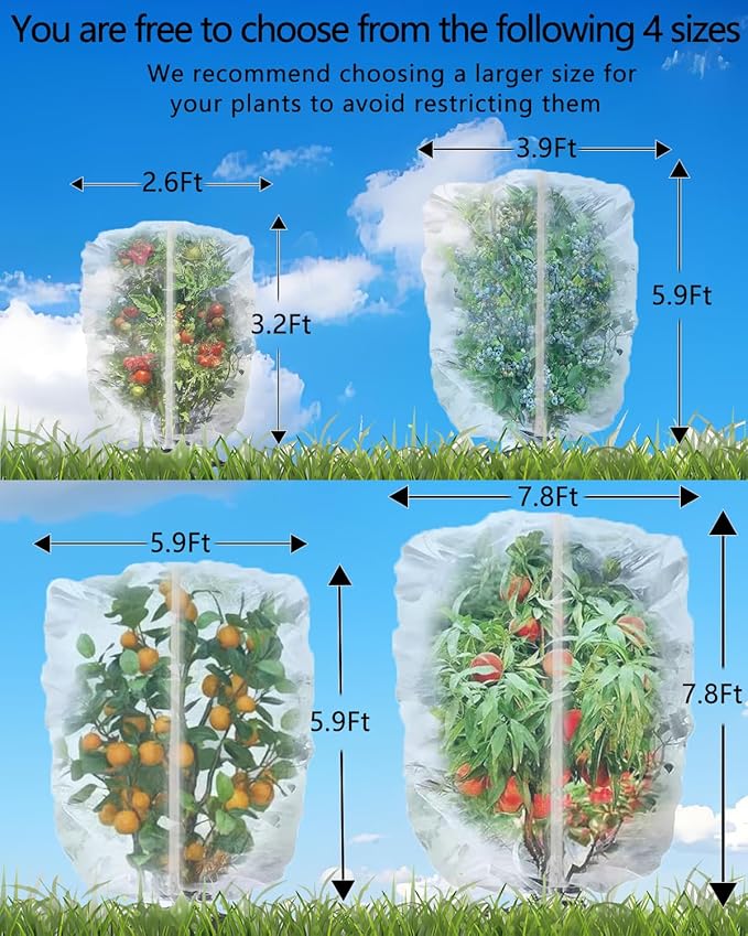 4 Pack Large Fruit Tree Netting, 7.8 x 7.8 Ft Blueberry Tomato Protection Net with Zipper & Drawstring, Insect Bird Barrier Netting Plant Covers for Fruit Vegetable Trees, Flower, Bushes in Garden