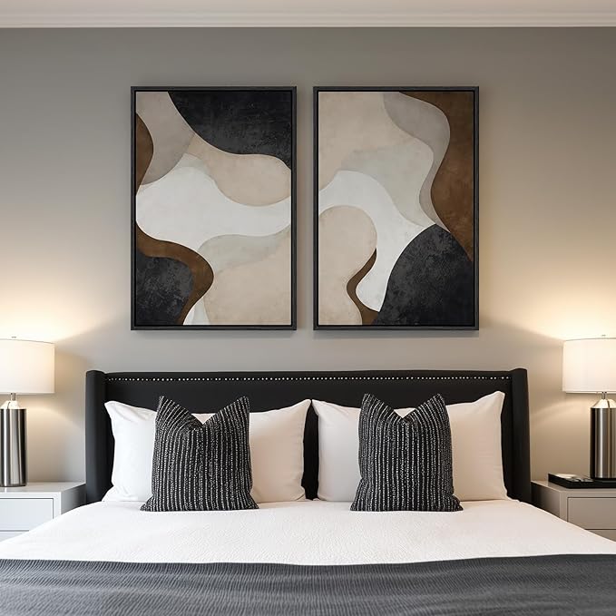 Large Framed Neutral Abstract Minimalist Wall Art Set of 2, Modern Canvas